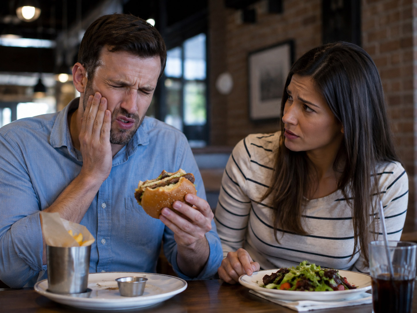 Man holding his cheek after sudden tooth pain while eating
